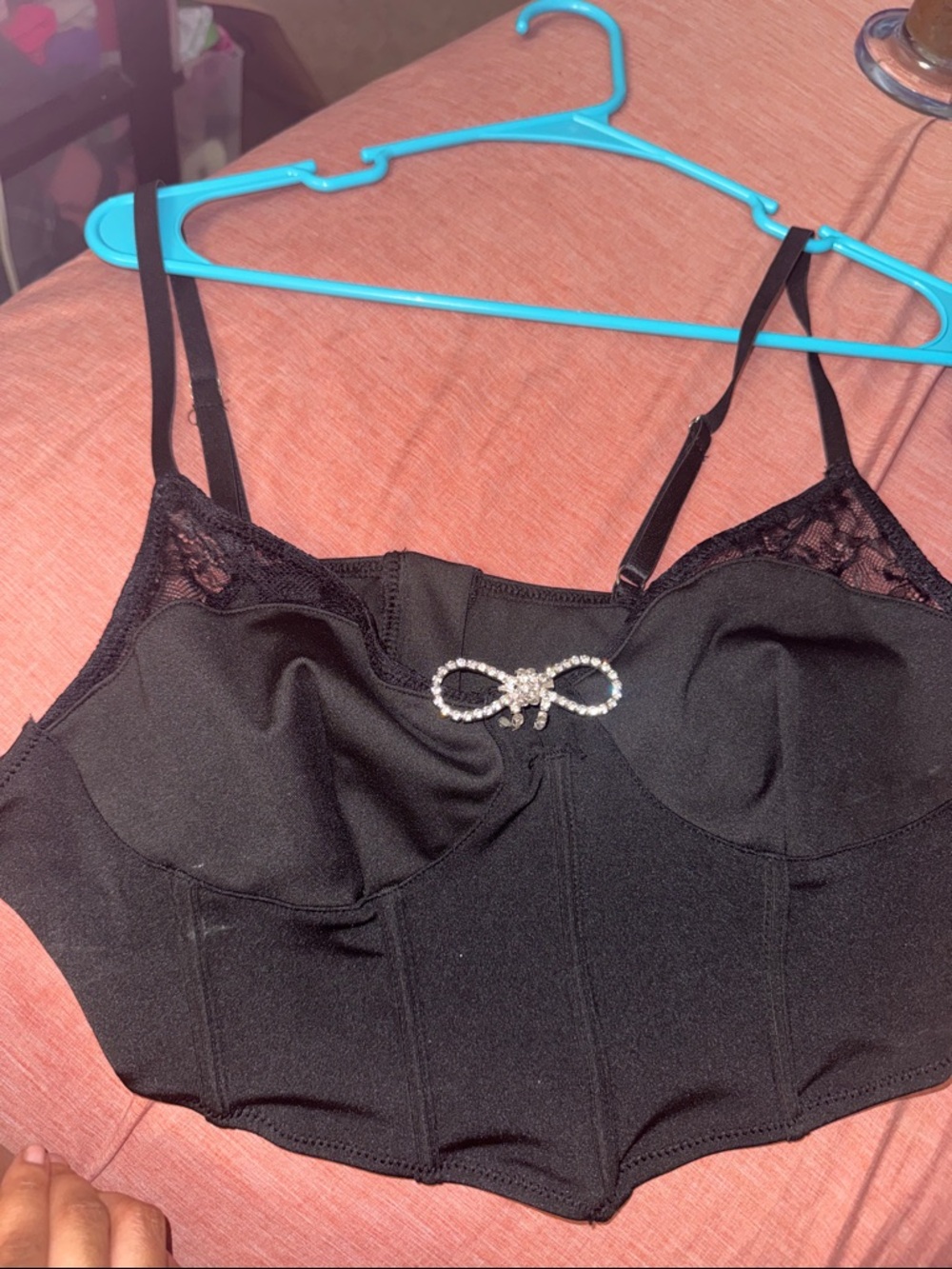 SHEIN Black Lace-Trim Rhinestone Bow Bustier